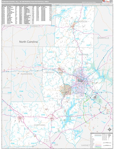 Durham-Chapel Hill, NC Metro Area Wall Map